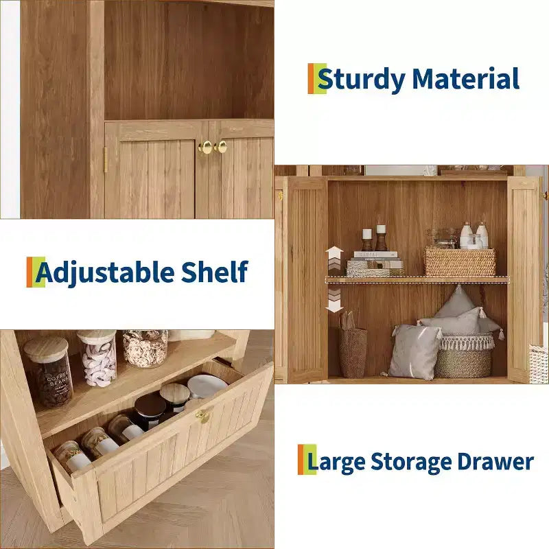 Armario de almacenamiento de madera arqueado de 72 pulgadas de alto – Despensa y estantería de 5 niveles con puertas, Nogal, Bisagras de cierre suave