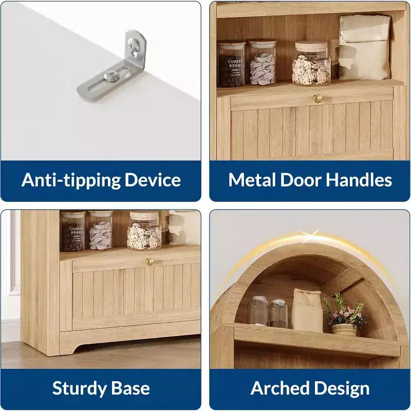 Armario de almacenamiento de madera arqueado de 72 pulgadas de alto – Despensa y estantería de 5 niveles con puertas, Nogal, Bisagras de cierre suave