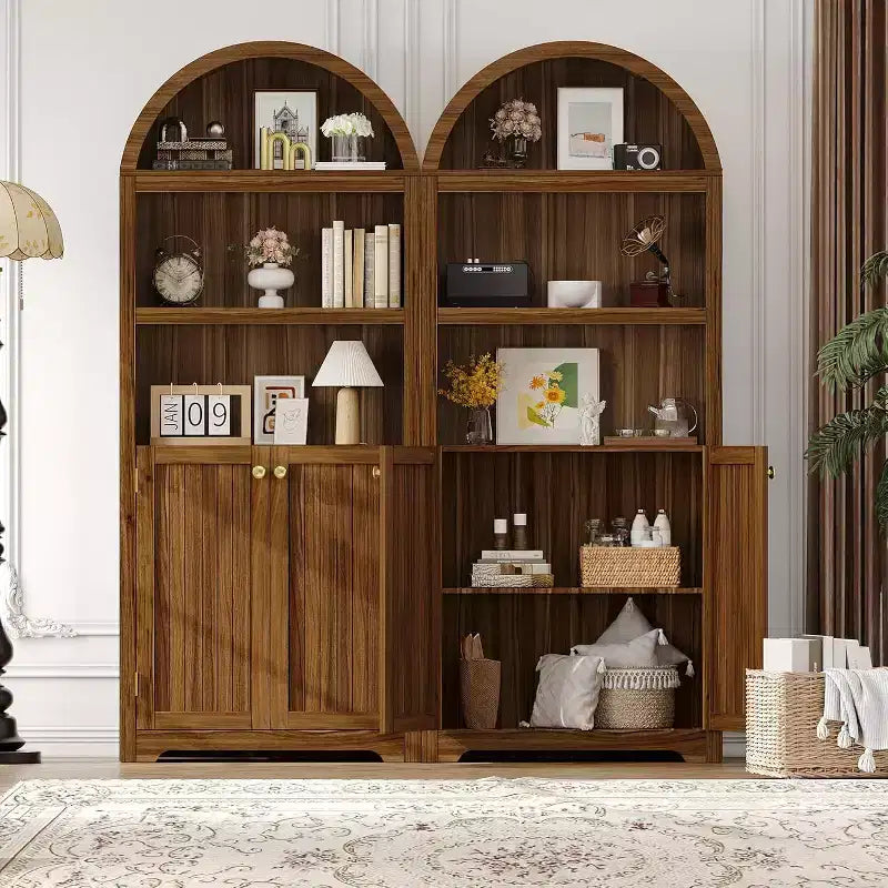 Armario de almacenamiento de madera arqueado de 72 pulgadas de alto – Despensa y estantería de 5 niveles con puertas, Nogal, Bisagras de cierre suave