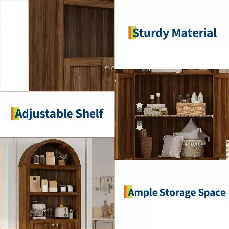 Armario de almacenamiento de madera arqueado de 72 pulgadas de alto – Despensa y estantería de 5 niveles con puertas, Nogal, Bisagras de cierre suave