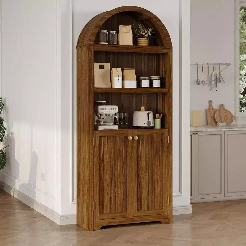 Armario de almacenamiento de madera arqueado de 72 pulgadas de alto – Despensa y estantería de 5 niveles con puertas, Nogal, Bisagras de cierre suave