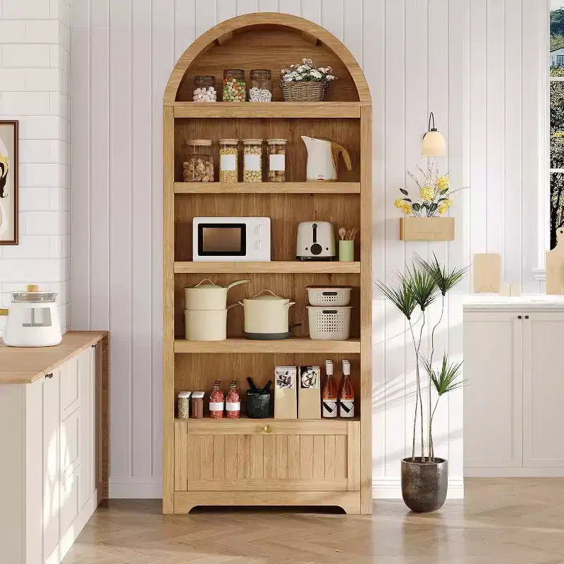 Armario de almacenamiento de madera arqueado de 72 pulgadas de alto – Despensa y estantería de 5 niveles con puertas, Nogal, Bisagras de cierre suave