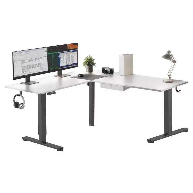 Mount-It! XL Electric Height Adjustable Corner Standing Desk, Black Frame and White Tabletop