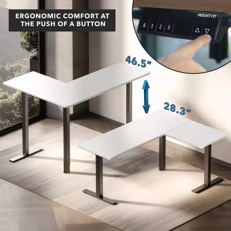 Escritorio esquinero de pie con ajuste eléctrico de altura XL - Motores duales, 80 kg, blanco y negro