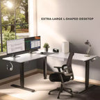 Escritorio esquinero de pie con ajuste eléctrico de altura XL - Motores duales, 80 kg, blanco y negro