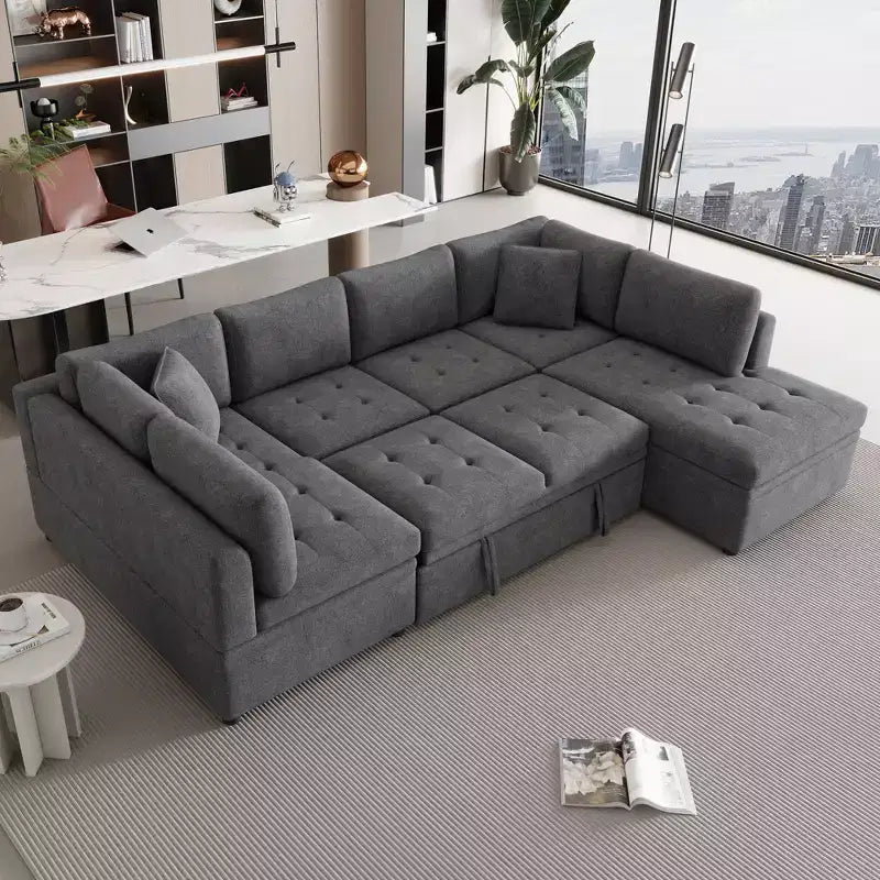 Sofá Seccional Grande en Forma de U con Cama Extraíble – Chenilla, Espuma de Alta Densidad, 5 Plazas, 2 Cojines