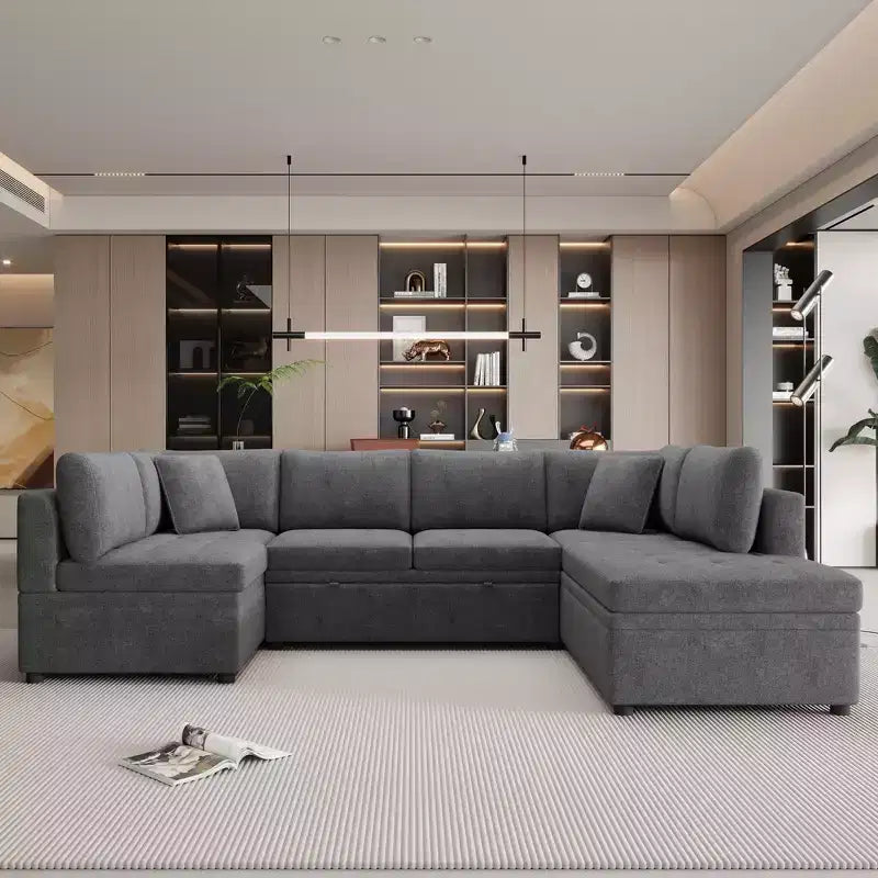 Sofá Seccional Grande en Forma de U con Cama Extraíble – Chenilla, Espuma de Alta Densidad, 5 Plazas, 2 Cojines