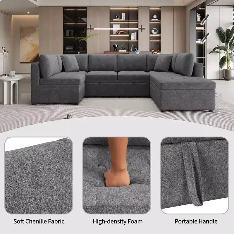 Sofá Seccional Grande en Forma de U con Cama Extraíble – Chenilla, Espuma de Alta Densidad, 5 Plazas, 2 Cojines