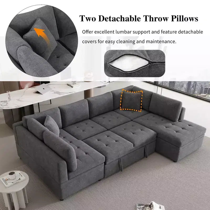 Sofá Seccional Grande en Forma de U con Cama Extraíble – Chenilla, Espuma de Alta Densidad, 5 Plazas, 2 Cojines