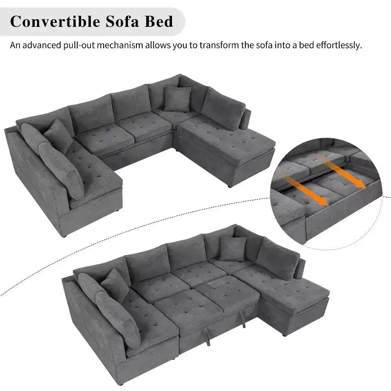 Sofá Seccional Grande en Forma de U con Cama Extraíble – Chenilla, Espuma de Alta Densidad, 5 Plazas, 2 Cojines