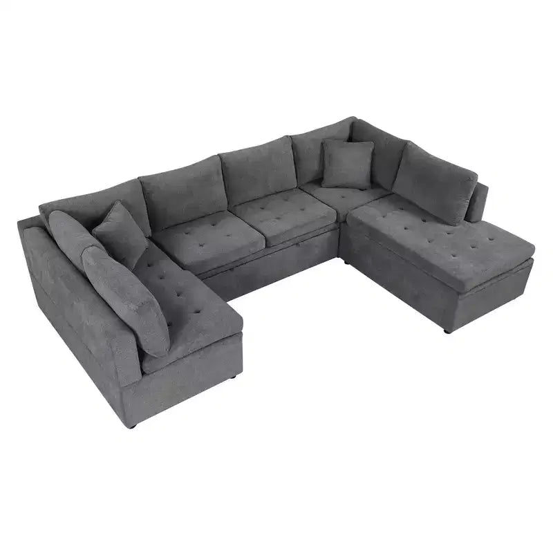 Sofá Seccional Grande en Forma de U con Cama Extraíble – Chenilla, Espuma de Alta Densidad, 5 Plazas, 2 Cojines