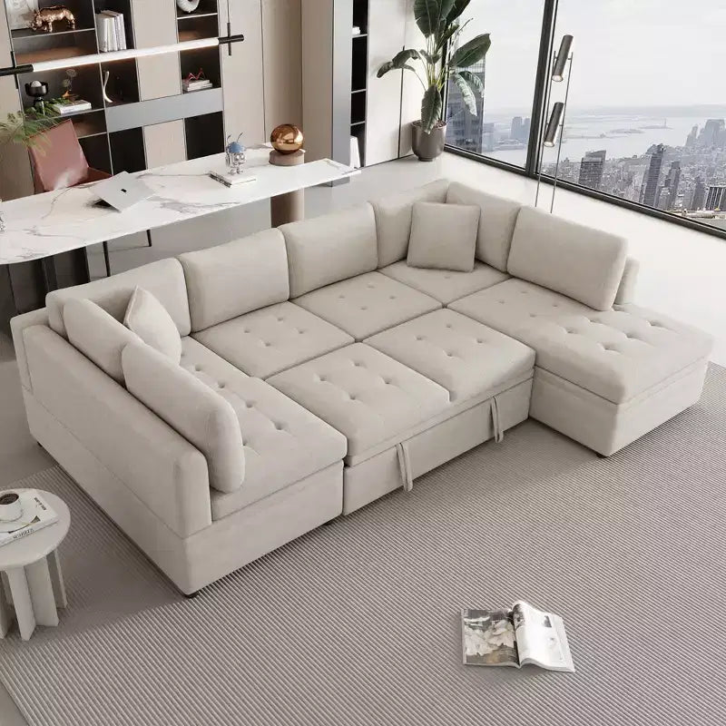Sofá Seccional Grande en Forma de U con Cama Extraíble – Chenilla, Espuma de Alta Densidad, 5 Plazas, 2 Cojines