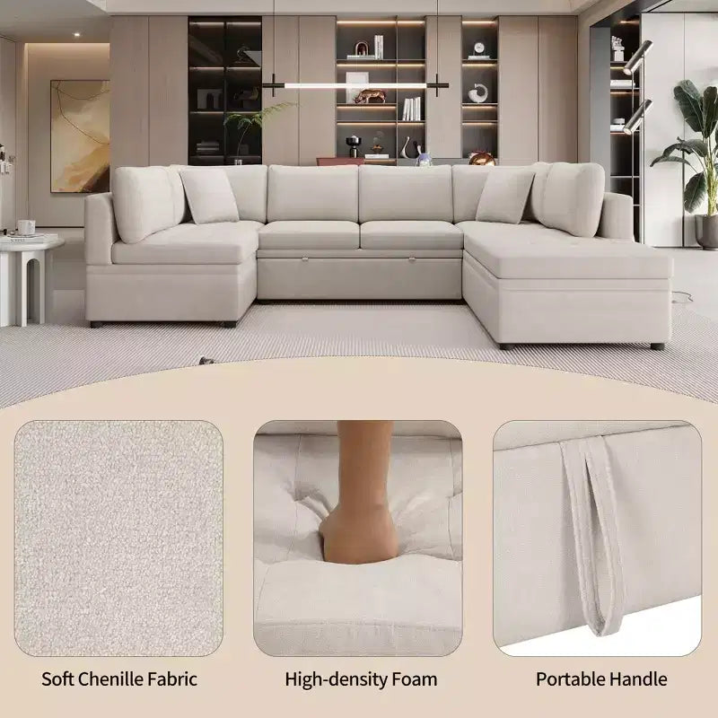 Sofá Seccional Grande en Forma de U con Cama Extraíble – Chenilla, Espuma de Alta Densidad, 5 Plazas, 2 Cojines