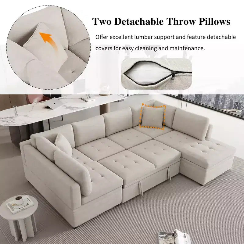 Sofá Seccional Grande en Forma de U con Cama Extraíble – Chenilla, Espuma de Alta Densidad, 5 Plazas, 2 Cojines