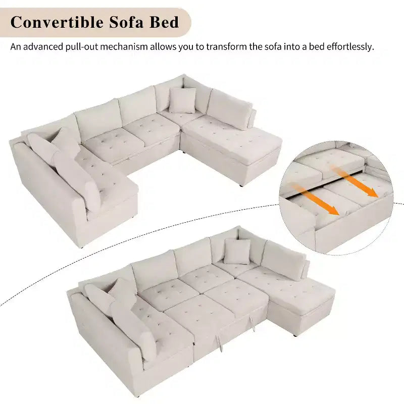 Sofá Seccional Grande en Forma de U con Cama Extraíble – Chenilla, Espuma de Alta Densidad, 5 Plazas, 2 Cojines