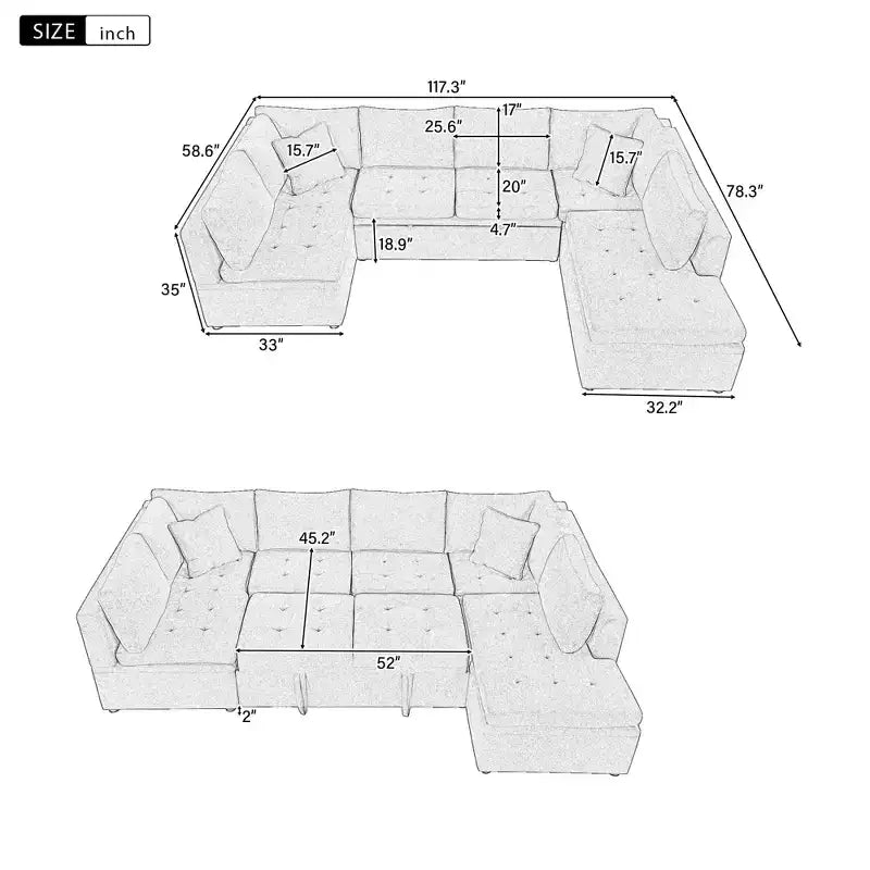 Sofá Seccional Grande en Forma de U con Cama Extraíble – Chenilla, Espuma de Alta Densidad, 5 Plazas, 2 Cojines