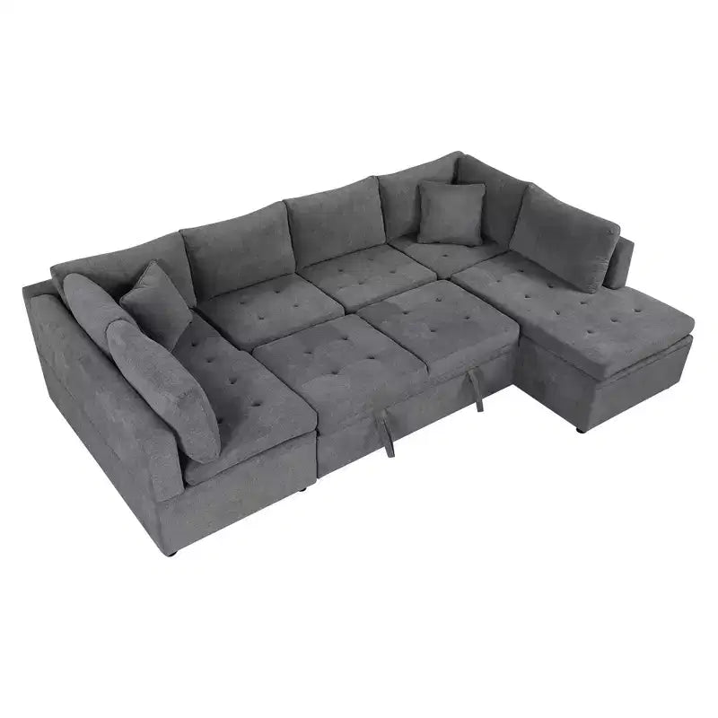 Sofá Seccional Grande en Forma de U con Cama Extraíble – Chenilla, Espuma de Alta Densidad, 5 Plazas, 2 Cojines