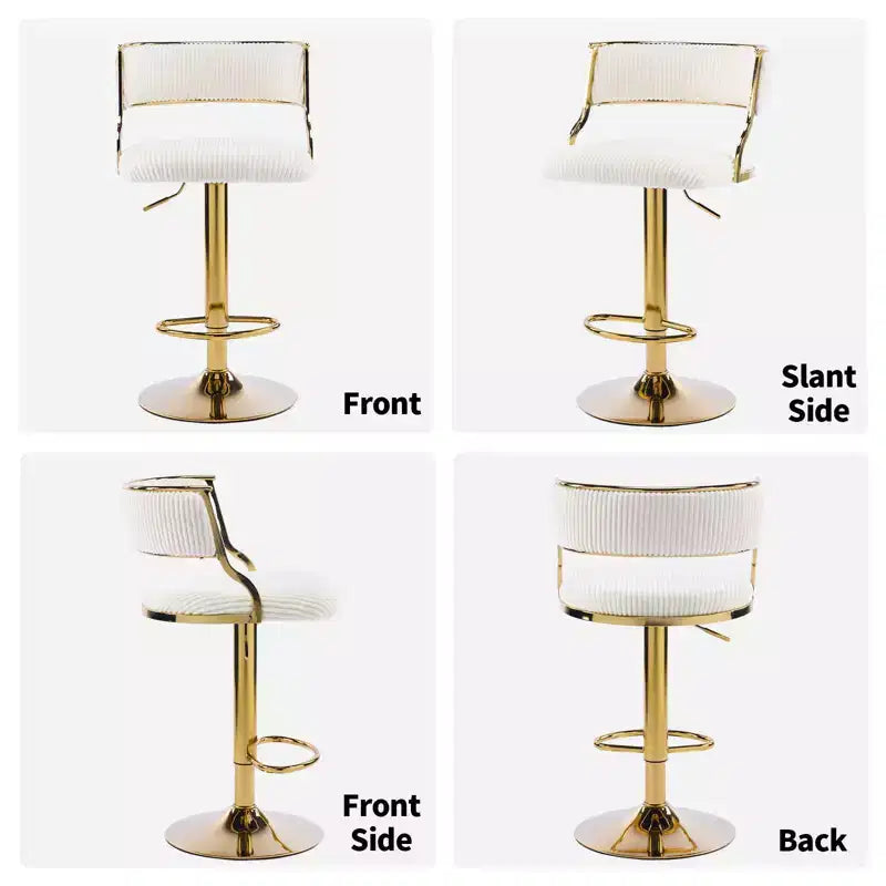 Taburete de bar ajustable tapizado en pana color crema con base tono dorado, juego de 2, respaldo medio