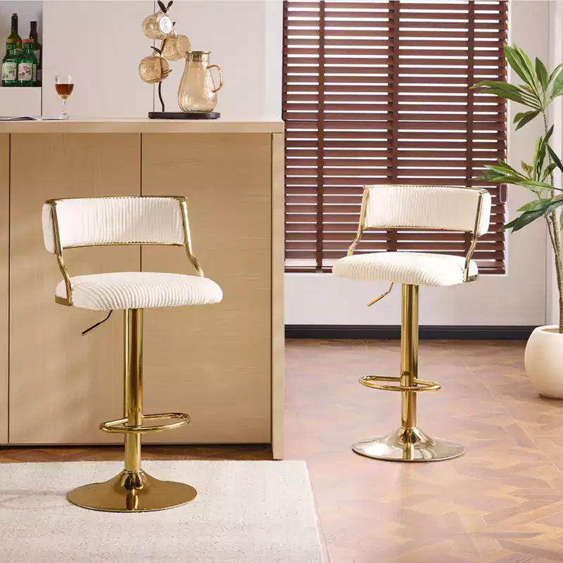 Taburete de bar ajustable tapizado en pana color crema con base tono dorado, juego de 2, respaldo medio