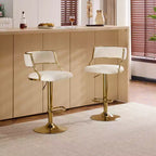 Taburete de bar ajustable tapizado en pana color crema con base tono dorado, juego de 2, respaldo medio