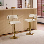 Taburete de bar ajustable tapizado en pana color crema con base tono dorado, juego de 2, respaldo medio