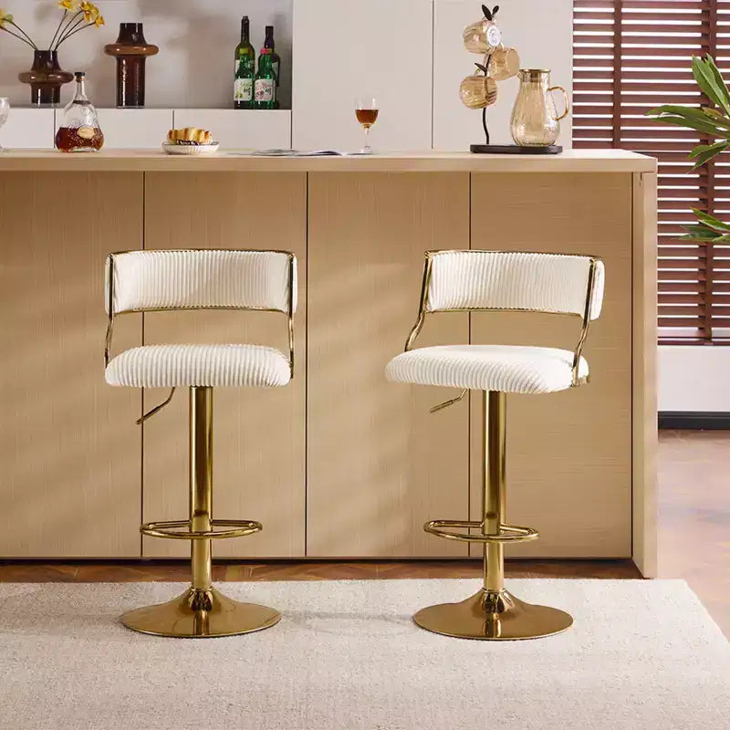 Taburete de bar ajustable tapizado en pana color crema con base tono dorado, juego de 2, respaldo medio