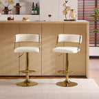 Taburete de bar ajustable tapizado en pana color crema con base tono dorado, juego de 2, respaldo medio