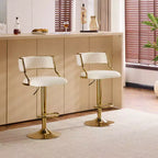 Taburete de bar ajustable tapizado en pana color crema con base tono dorado, juego de 2, respaldo medio