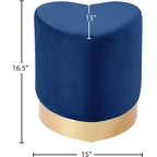 Taburete otomano de terciopelo con forma de corazón, tapicería color crema, base de acero inoxidable dorado, diseño contemporáneo
