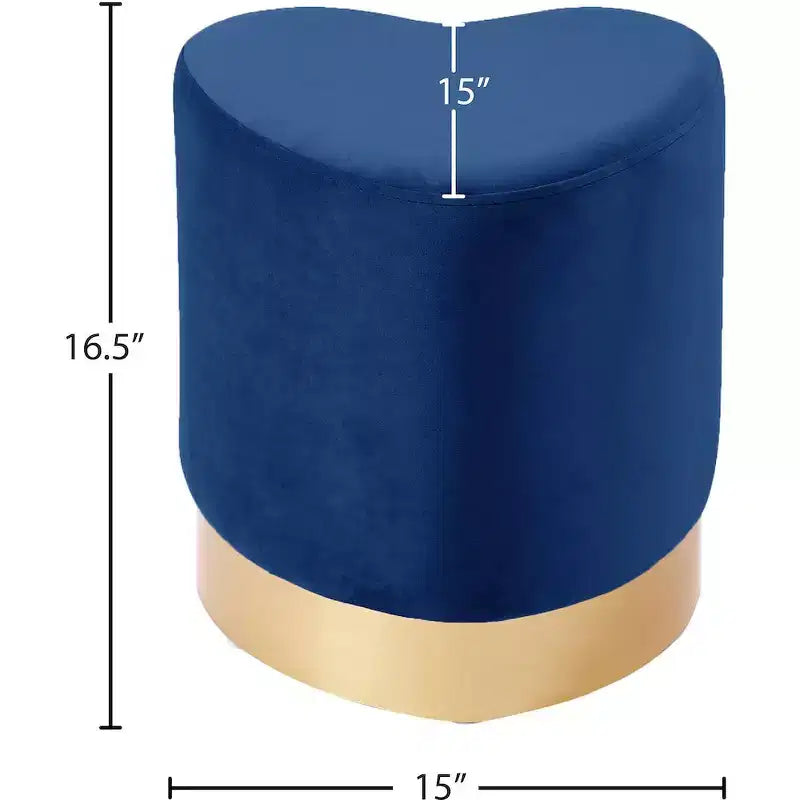 Taburete otomano de terciopelo con forma de corazón, tapicería color crema, base de acero inoxidable dorado, diseño contemporáneo
