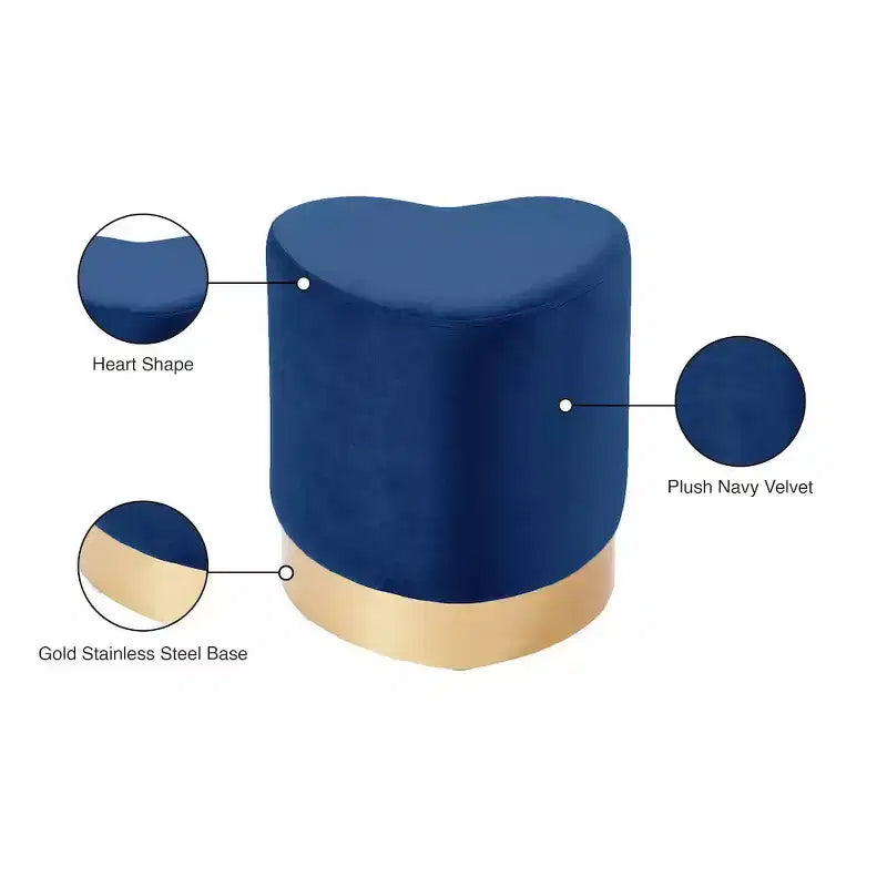 Taburete otomano de terciopelo con forma de corazón, tapicería color crema, base de acero inoxidable dorado, diseño contemporáneo