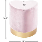 Taburete otomano de terciopelo con forma de corazón, tapicería color crema, base de acero inoxidable dorado, diseño contemporáneo