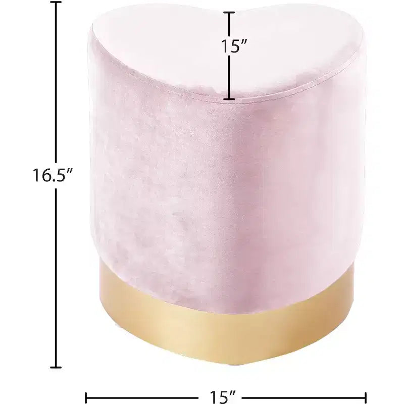 Taburete otomano de terciopelo con forma de corazón, tapicería color crema, base de acero inoxidable dorado, diseño contemporáneo