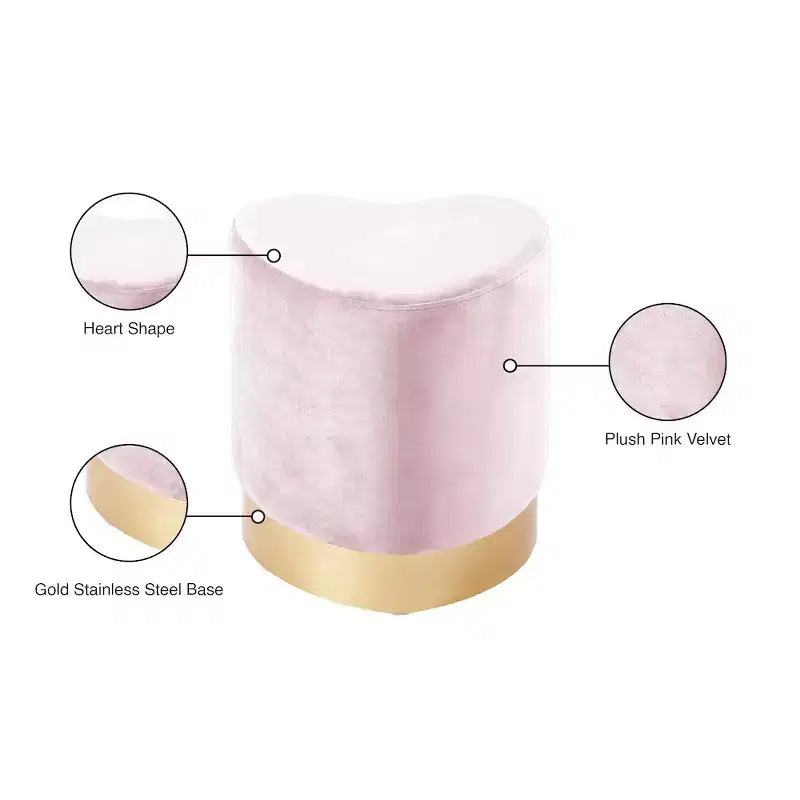 Taburete otomano de terciopelo con forma de corazón, tapicería color crema, base de acero inoxidable dorado, diseño contemporáneo