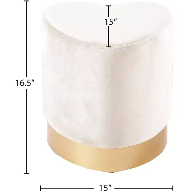 Taburete otomano de terciopelo con forma de corazón, tapicería color crema, base de acero inoxidable dorado, diseño contemporáneo
