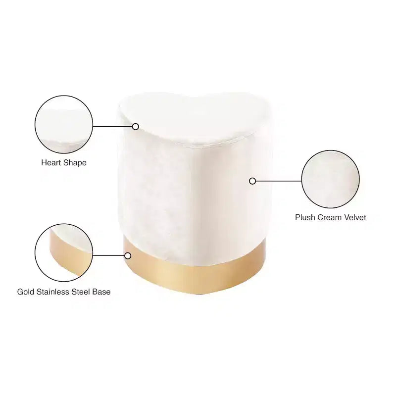 Taburete otomano de terciopelo con forma de corazón, tapicería color crema, base de acero inoxidable dorado, diseño contemporáneo