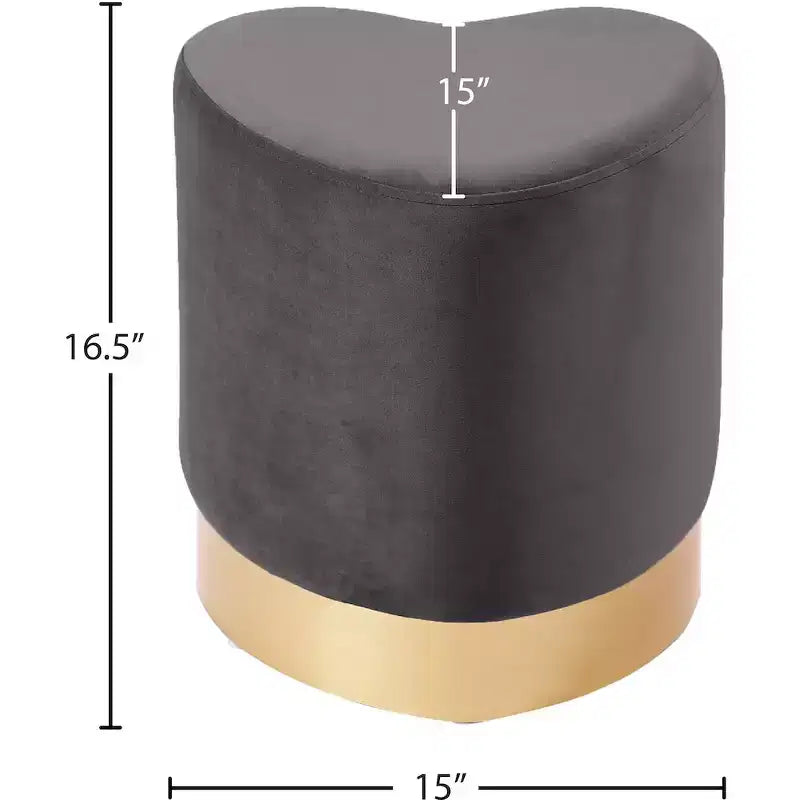 Taburete otomano de terciopelo con forma de corazón, tapicería color crema, base de acero inoxidable dorado, diseño contemporáneo