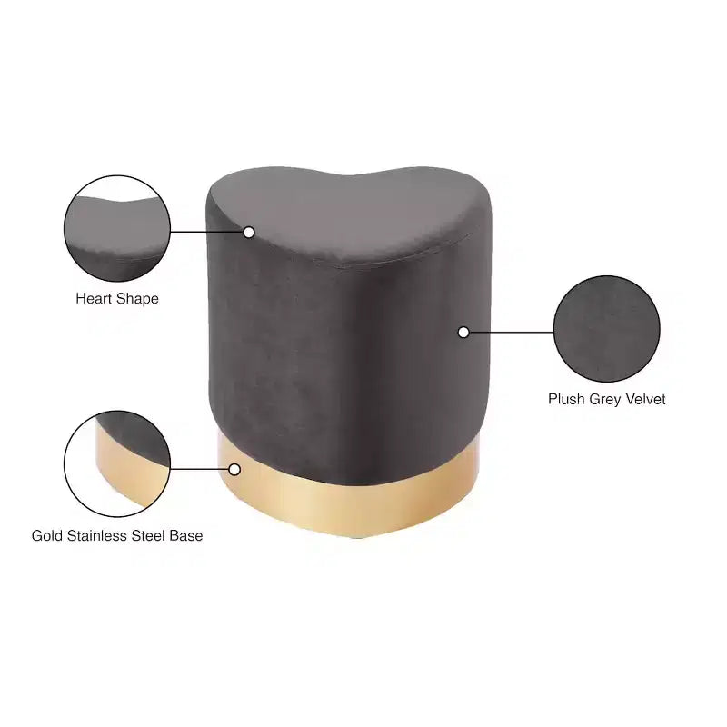 Taburete otomano de terciopelo con forma de corazón, tapicería color crema, base de acero inoxidable dorado, diseño contemporáneo