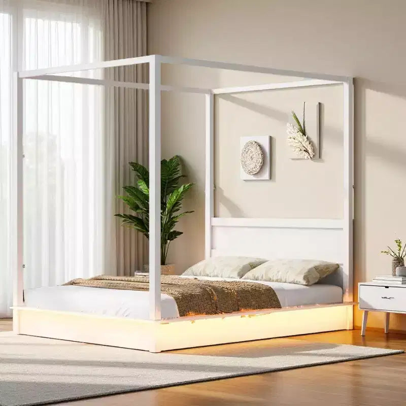Merax Modern LED Canopy Platform Bed Frame with Slats and Headboard