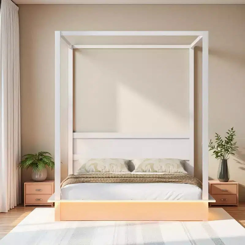 Estructura de cama moderna con dosel LED con somier de láminas, cabecero, tamaño Queen y King, capacidad de 227-272 kg