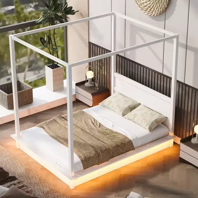 Estructura de cama moderna con dosel LED con somier de láminas, cabecero, tamaño Queen y King, capacidad de 227-272 kg
