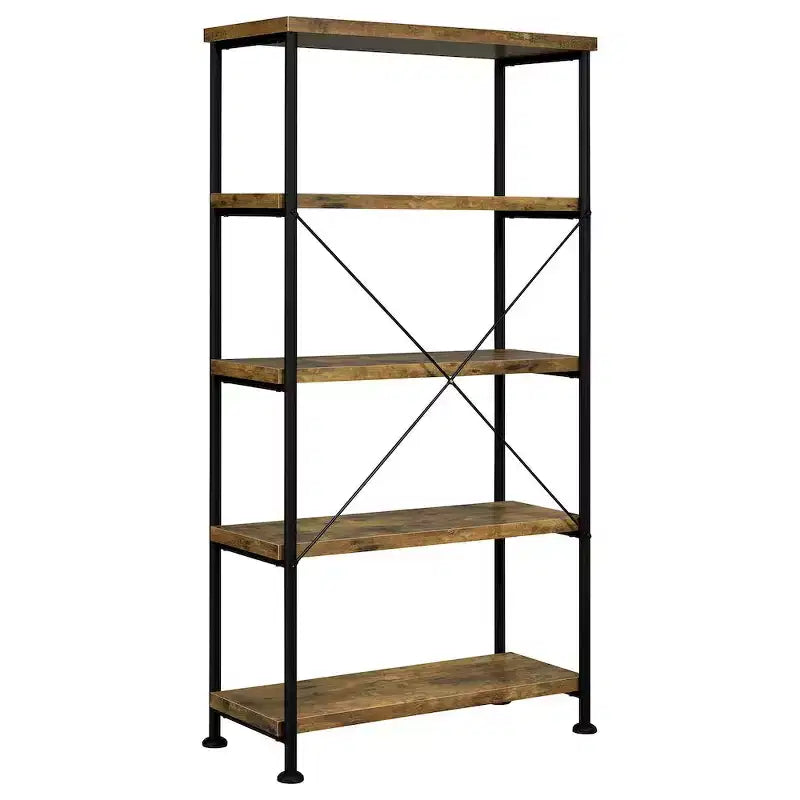 Estantería industrial de 4 estantes de 63", acabado nogal antiguo, estructura de metal negro, oficina rústica en casa