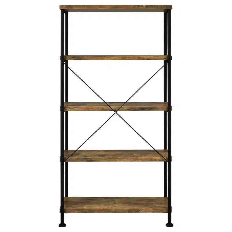 Estantería industrial de 4 estantes de 63", acabado nogal antiguo, estructura de metal negro, oficina rústica en casa