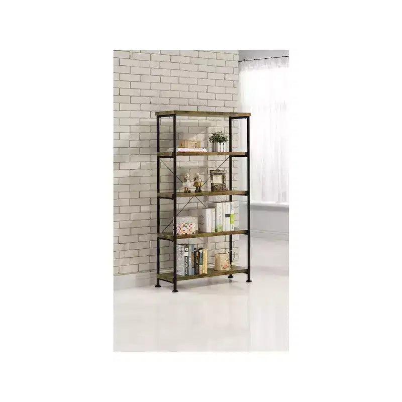 Estantería industrial de 4 estantes de 63", acabado nogal antiguo, estructura de metal negro, oficina rústica en casa