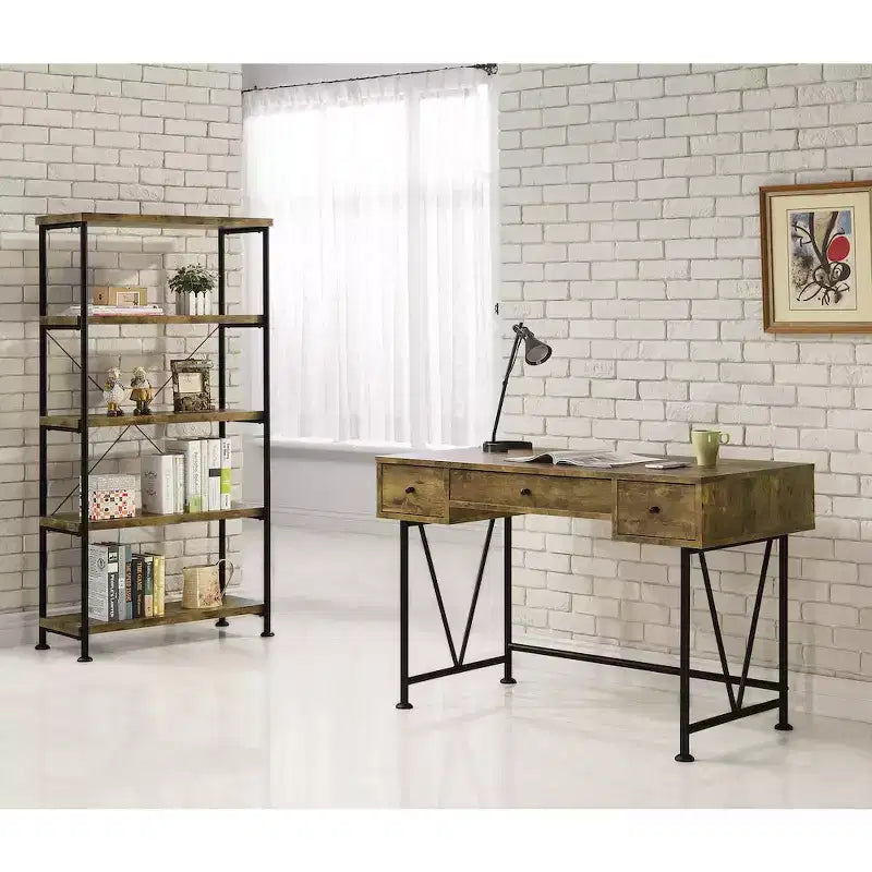 Estantería industrial de 4 estantes de 63", acabado nogal antiguo, estructura de metal negro, oficina rústica en casa