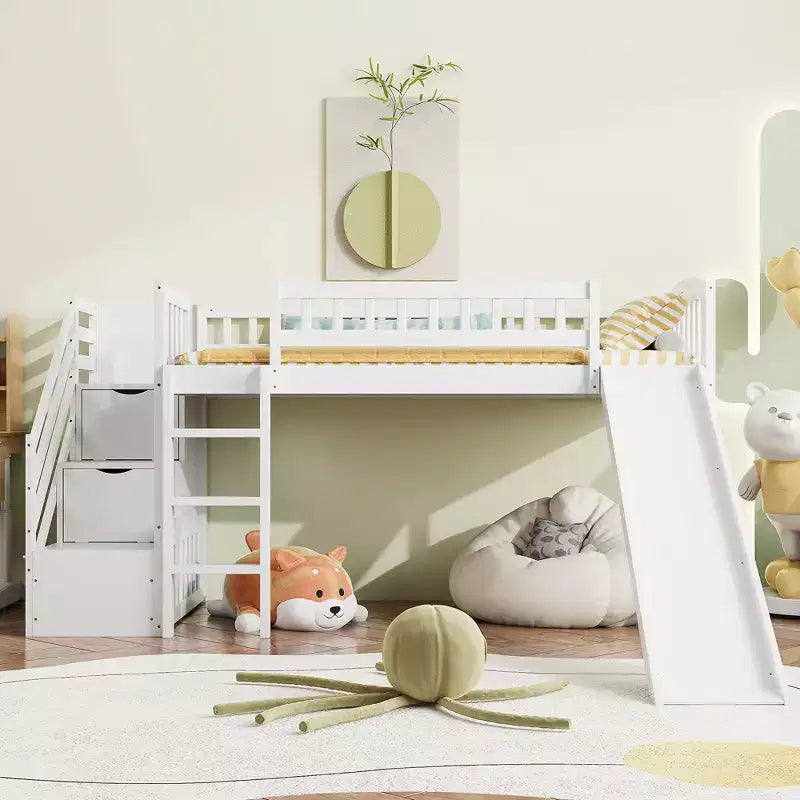 Marco de cama alta tipo loft con escalera y tobogán, de madera, tamaño individual, con cajones