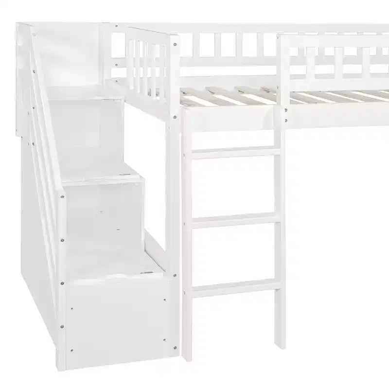 Marco de cama alta tipo loft con escalera y tobogán, de madera, tamaño individual, con cajones