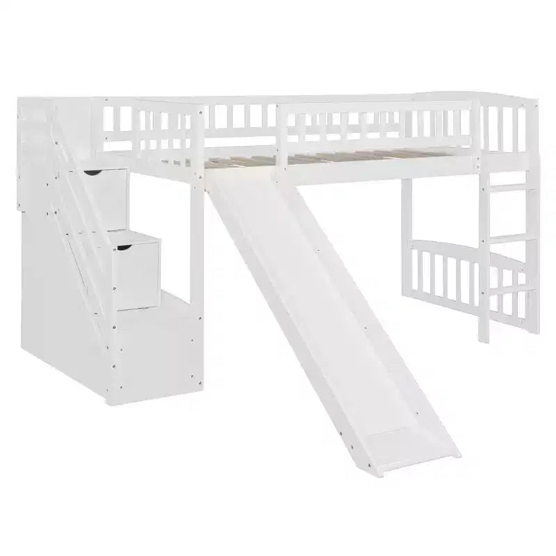 Marco de cama alta tipo loft con escalera y tobogán, de madera, tamaño individual, con cajones