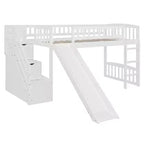 Marco de cama alta tipo loft con escalera y tobogán, de madera, tamaño individual, con cajones