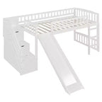 Marco de cama alta tipo loft con escalera y tobogán, de madera, tamaño individual, con cajones